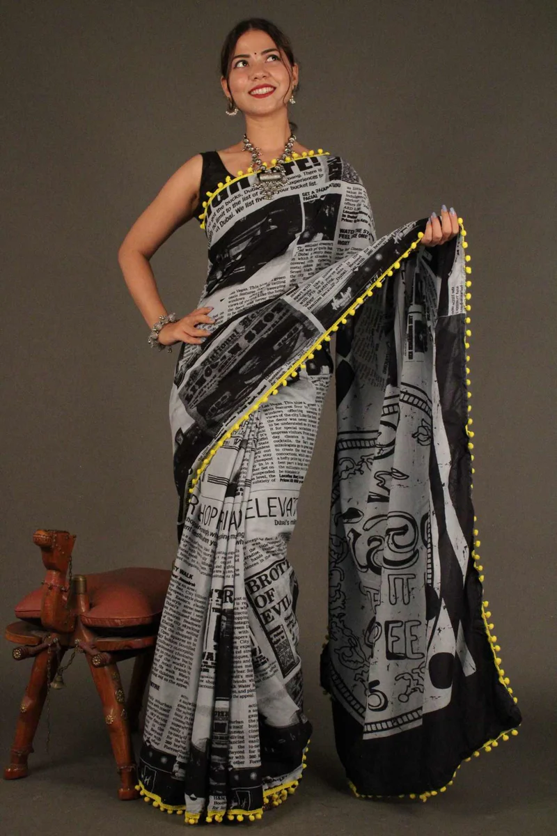 Newspaper Printed Mulmul Cotton Saree